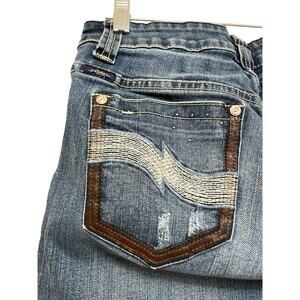 Cowgirl Up Embroidered Low Rise Bootcut Jeans Size 4/28 Blue‎ Leather Rhinestone